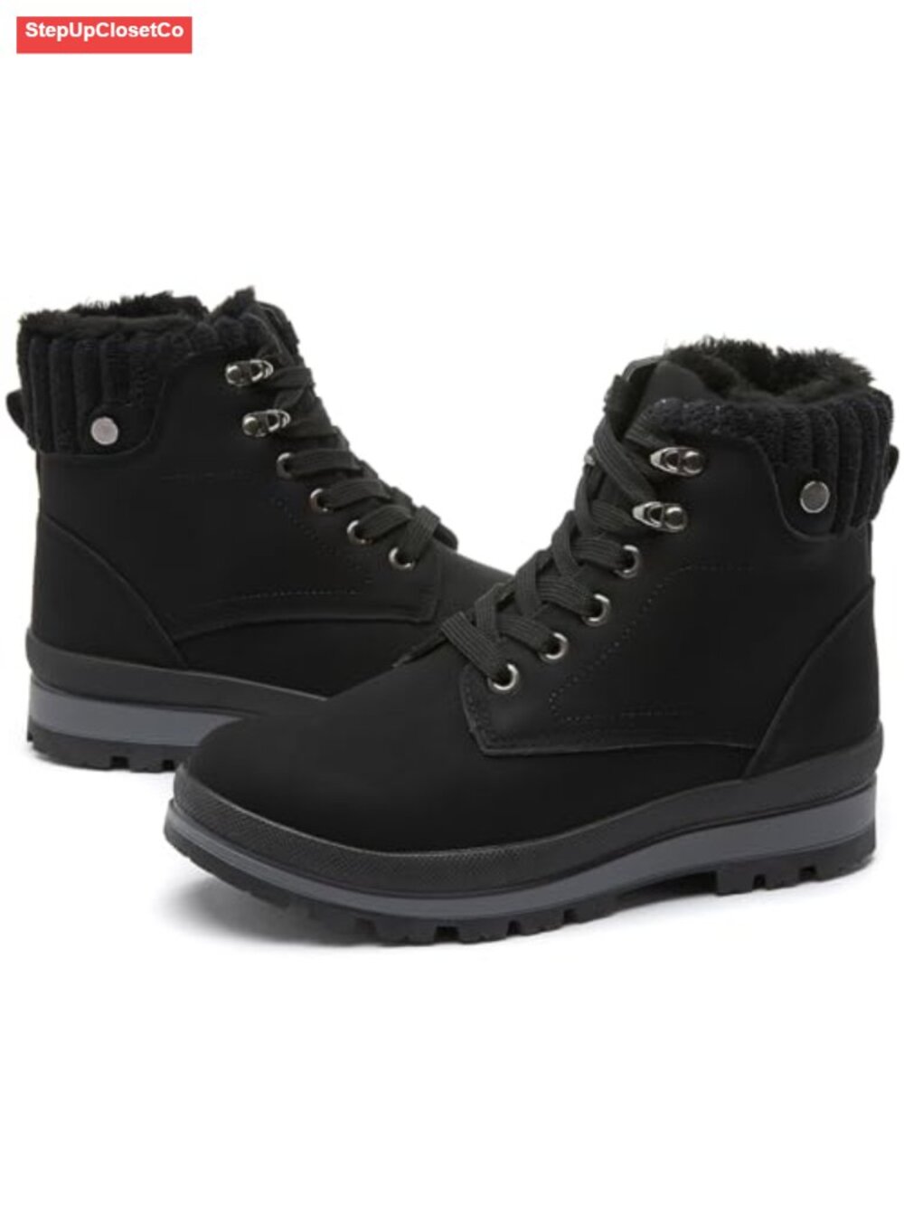 Waterproof Faux Leather Fuzzy Platform Combat Boots Faux Fur Lined